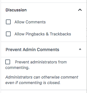 A screenshot of the `Prevent Admin Comments` metabox when creating/editing a post or page that allows you to override the plugin to truly disable admin commenting for the post/page. This is the form field used for WordPress 5.0 and later when the block editor is enabled (which it is by default).