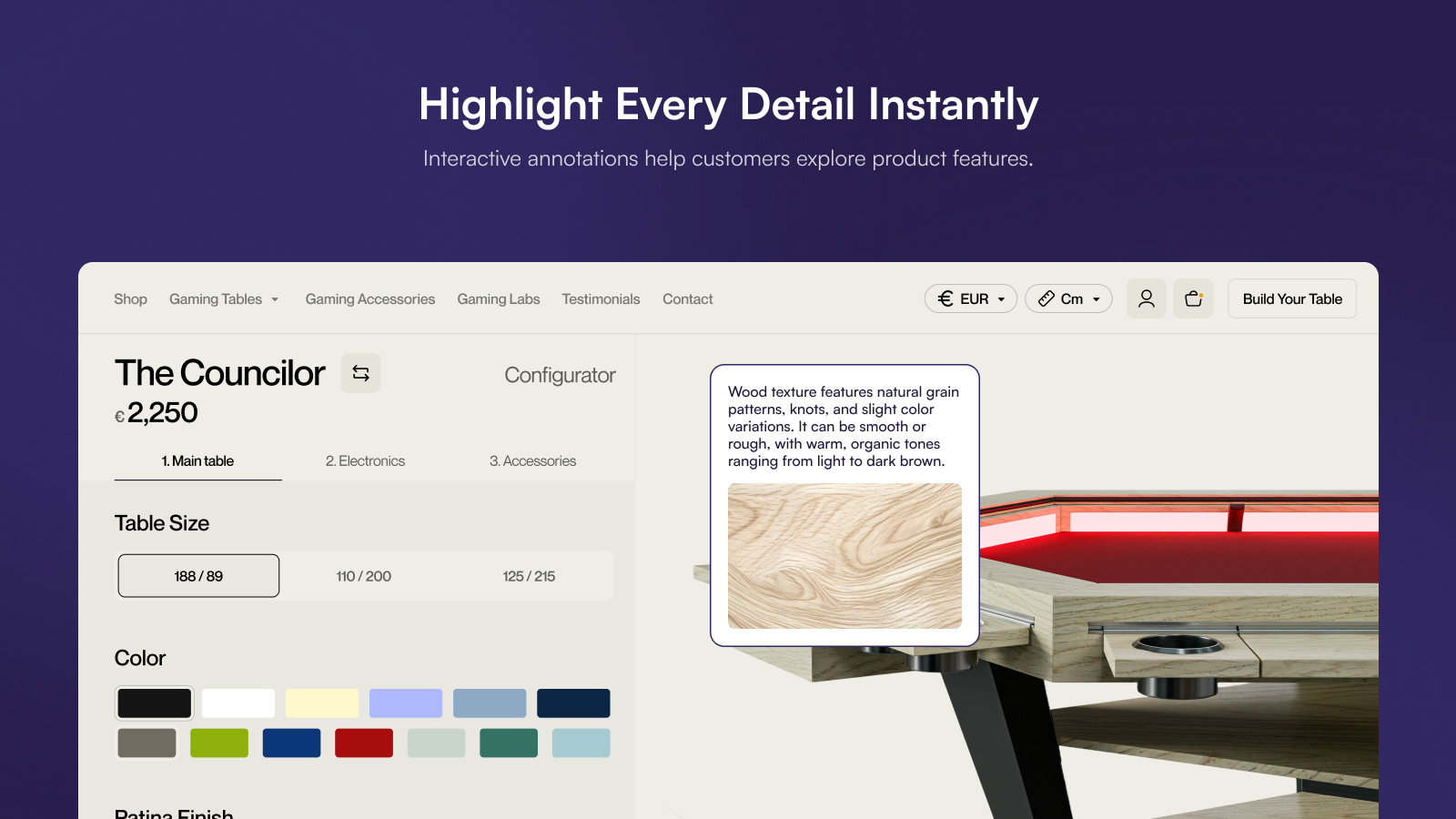 "Interactive Annotations" — hovering over a product element reveals more detail