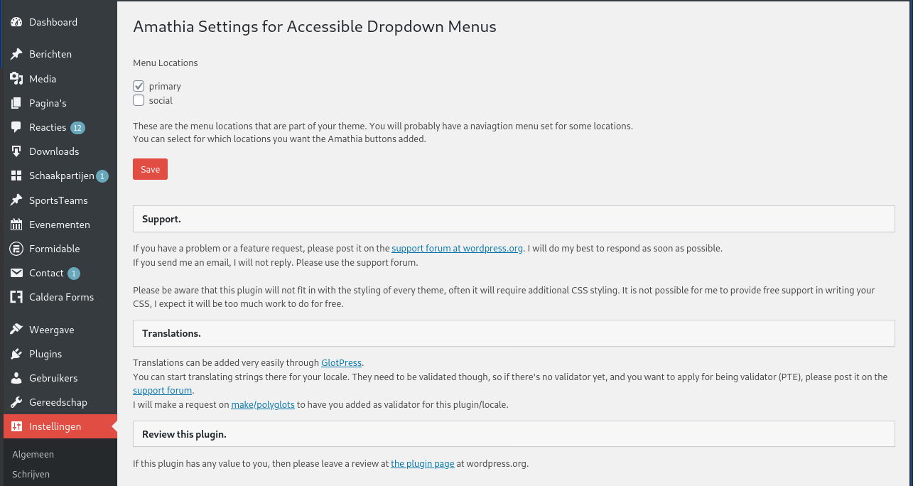 Settings Page with the menu locations that can be enabled.