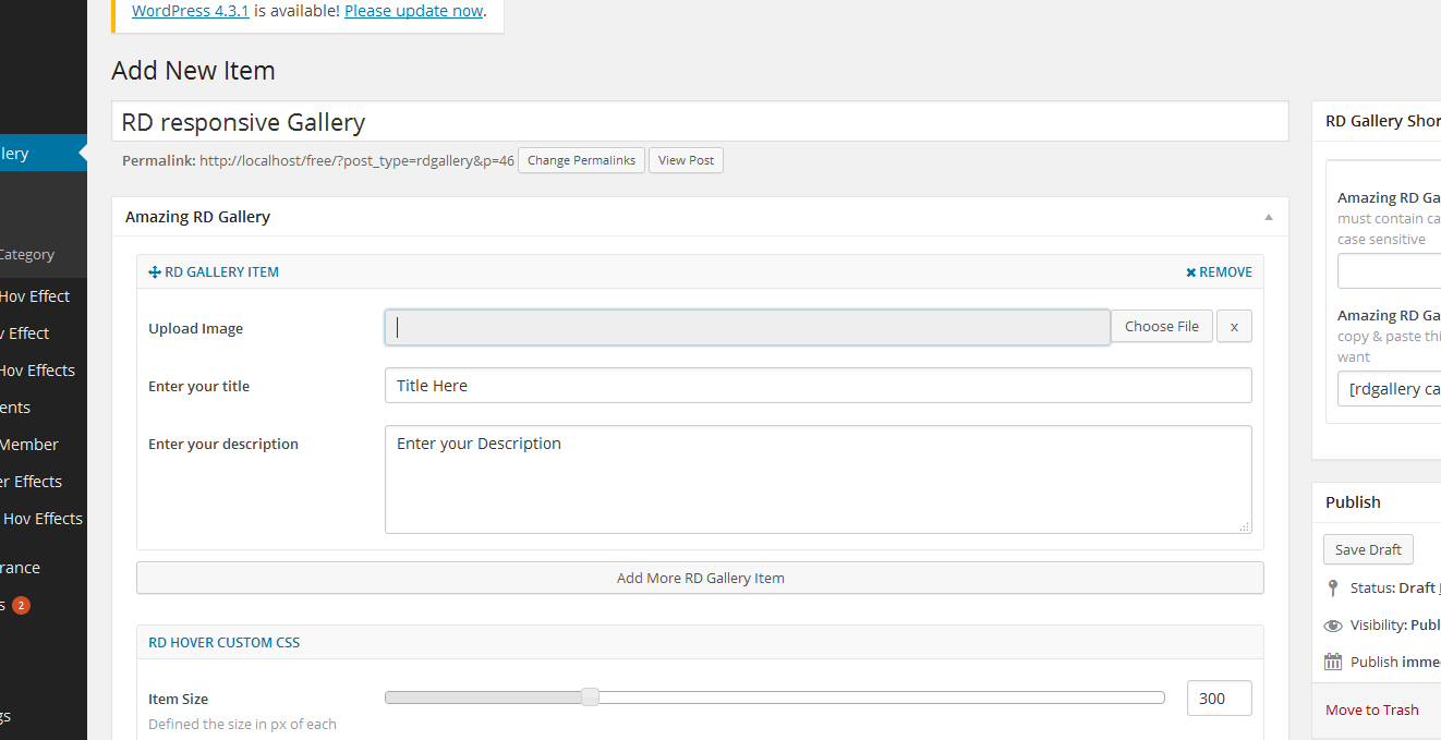 Adding RD Responsive Gallery item images and set Hover setting panel as you want.