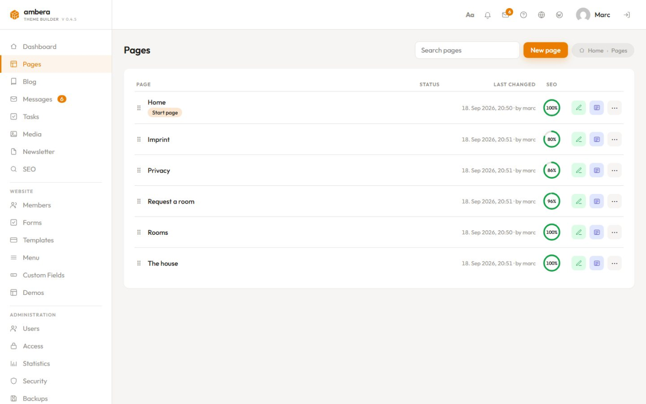 Pages in the client area: the whole site as a tree, with a score for the search engine and a way straight into the builder.