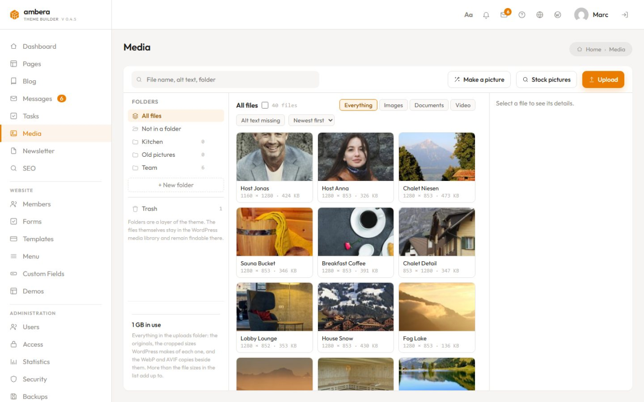The media manager: folders, search, cropping and alternative texts.