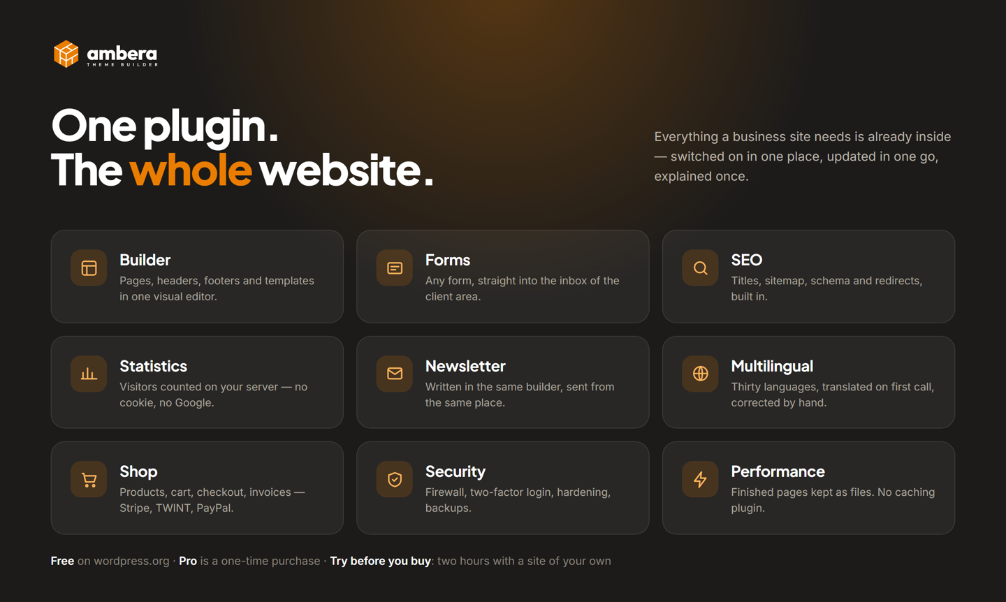 The theme builder: header, footer, single posts, archives, search and 404 as templates, each with a rule that says where it applies.