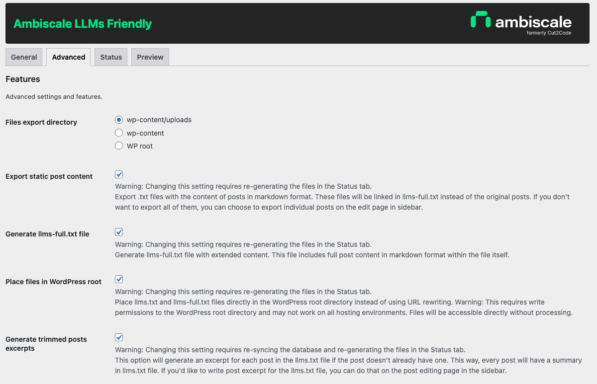 Advanced settings - File export options and content generation preferences