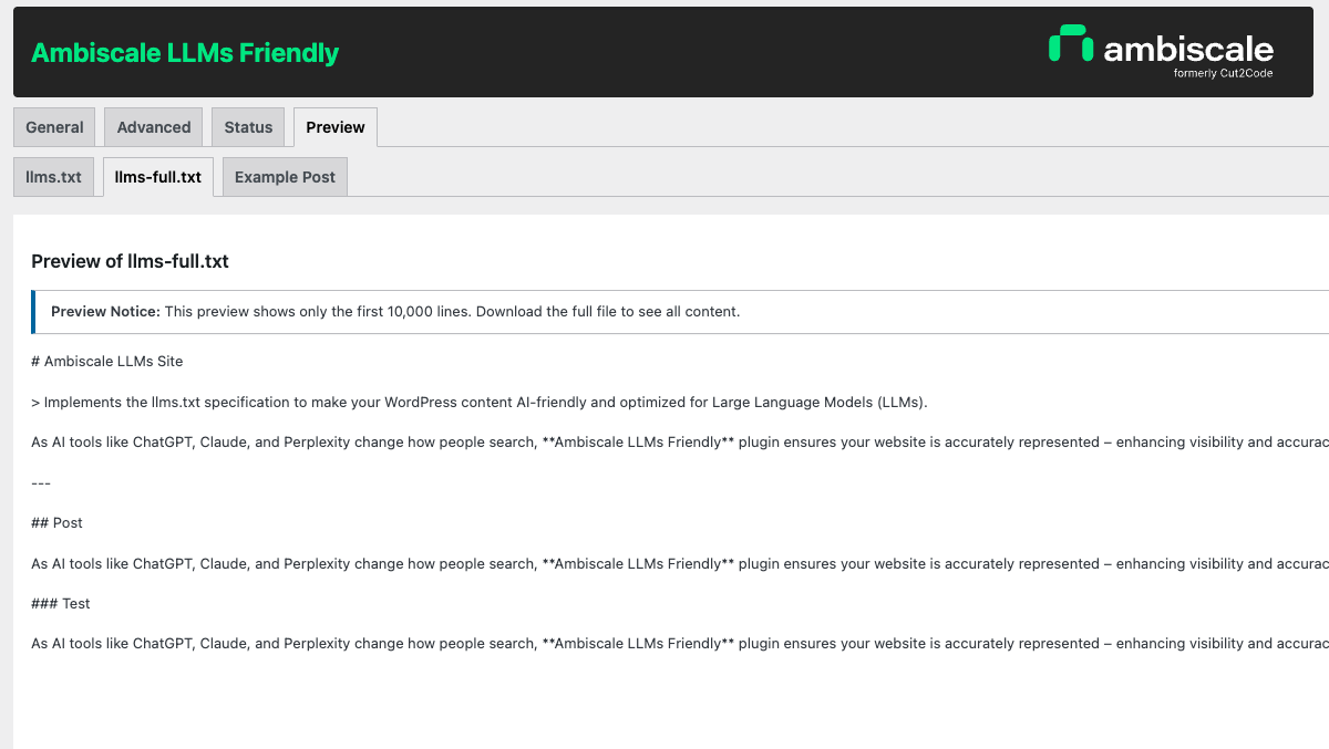 Preview tab - Live preview of generated llms.txt, llms-full.txt, example page content