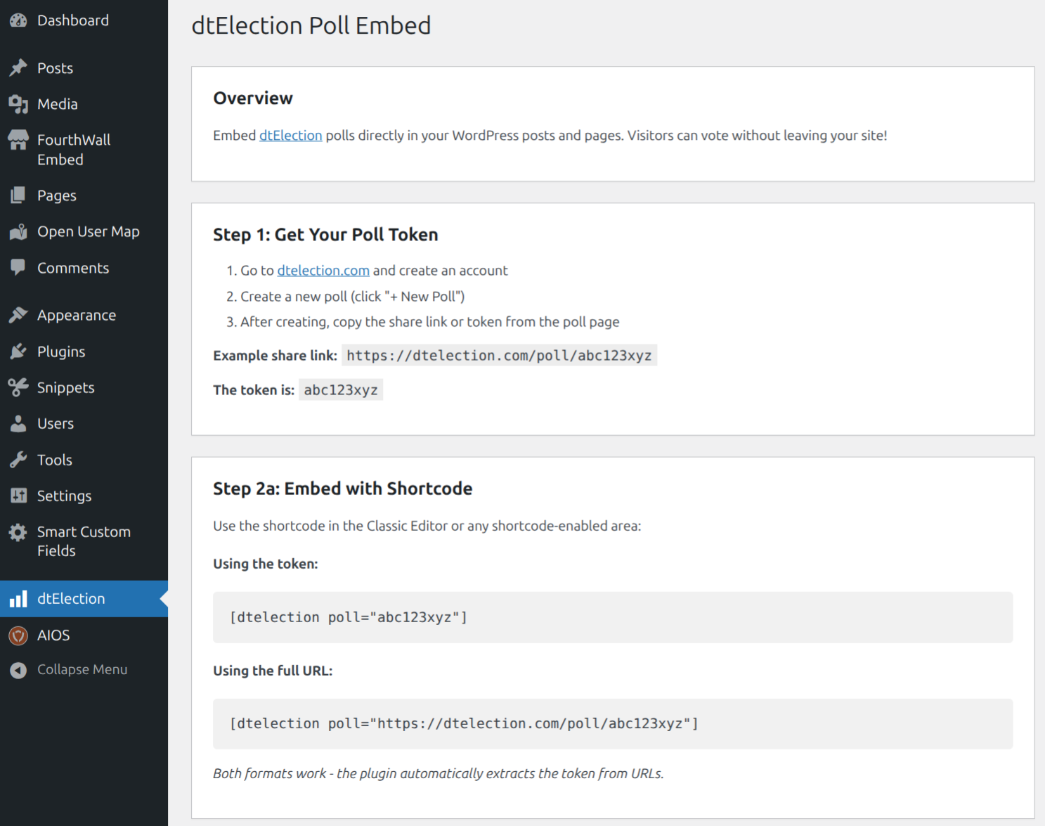 Admin documentation page with usage guide
