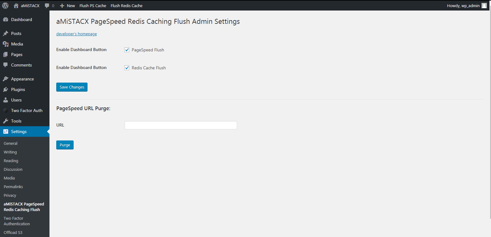 aMiSTACX PageSpeed & Redis Flush settings panel.