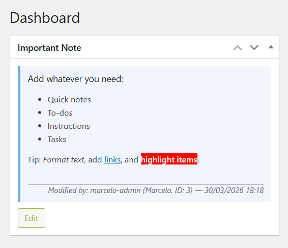 Dashboard widget showing a formatted admin note.
