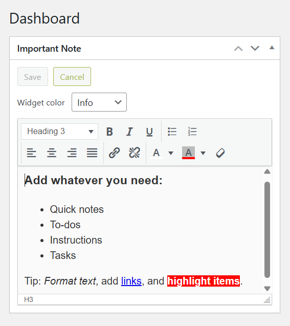 Editing with TinyMCE and severity color selection.