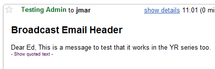 A received email sent by the YR plugin