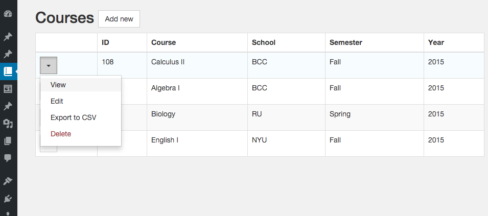 List of courses.