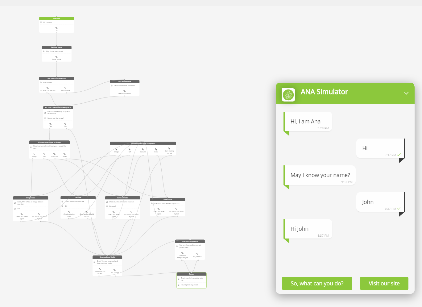 Test your Chatbot using the simulator in ANA ChatBot Studio.