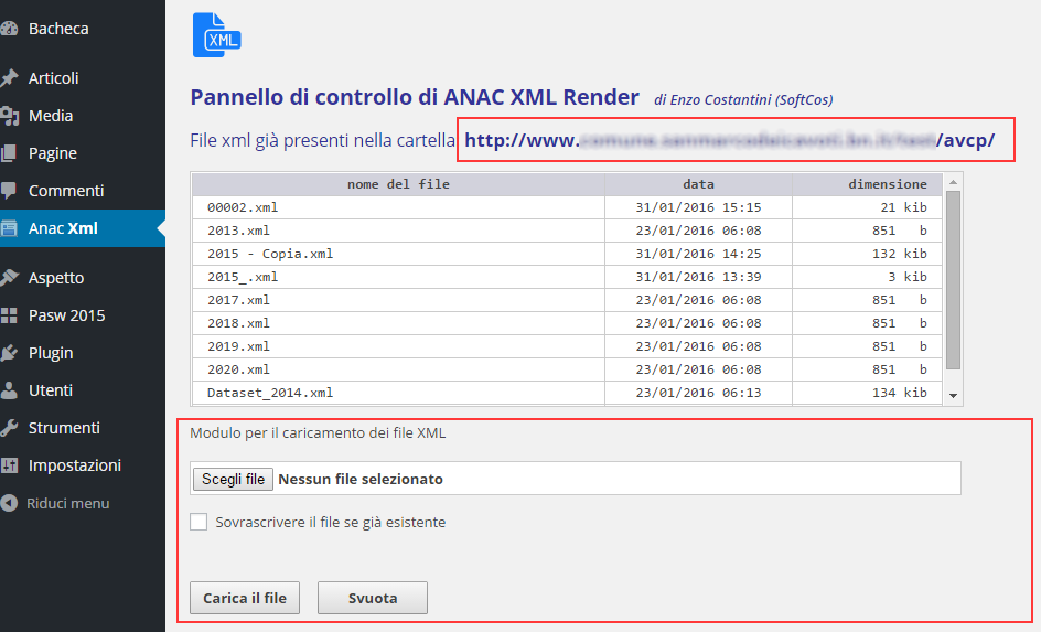 Schermata della bacheca da cui si possono caricare i file XML