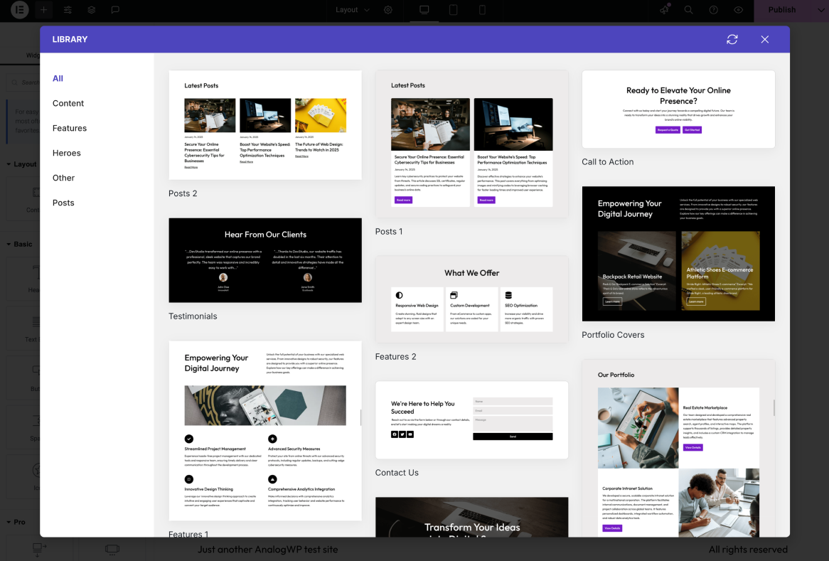 Custom Library popup modal in the Elementor Editor.