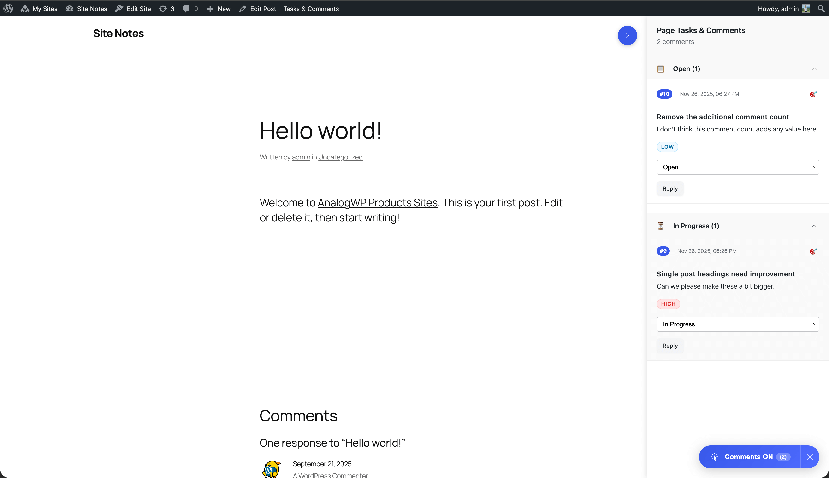 Comment details sidebar with screenshot