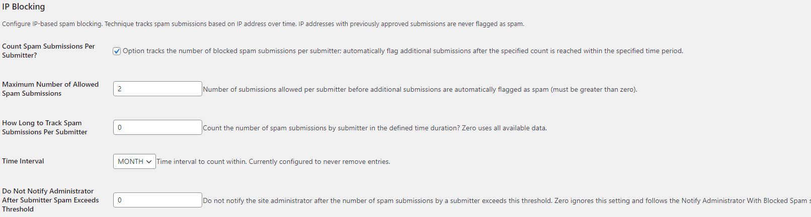 Analytical Spam Filter admin screen - IP Blocking.