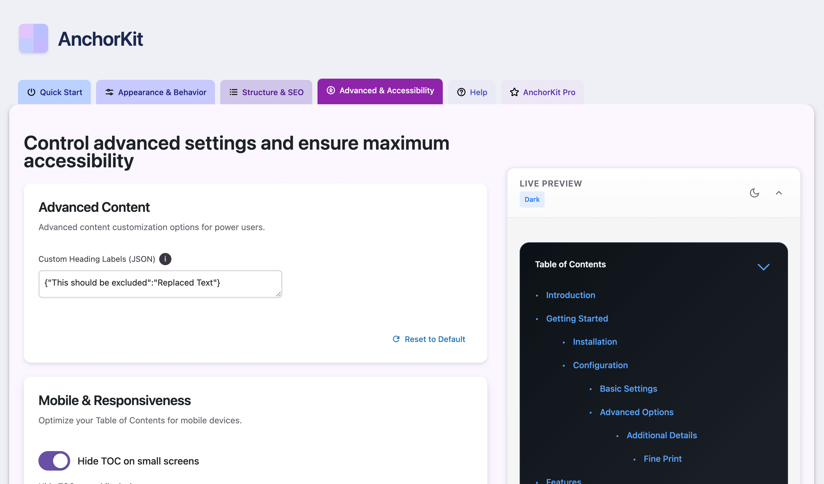 **Accessibility-First Controls**: WCAG compliant configuration with ARIA labels, keyboard navigation, screen reader support, and enterprise-grade accessibility features.
