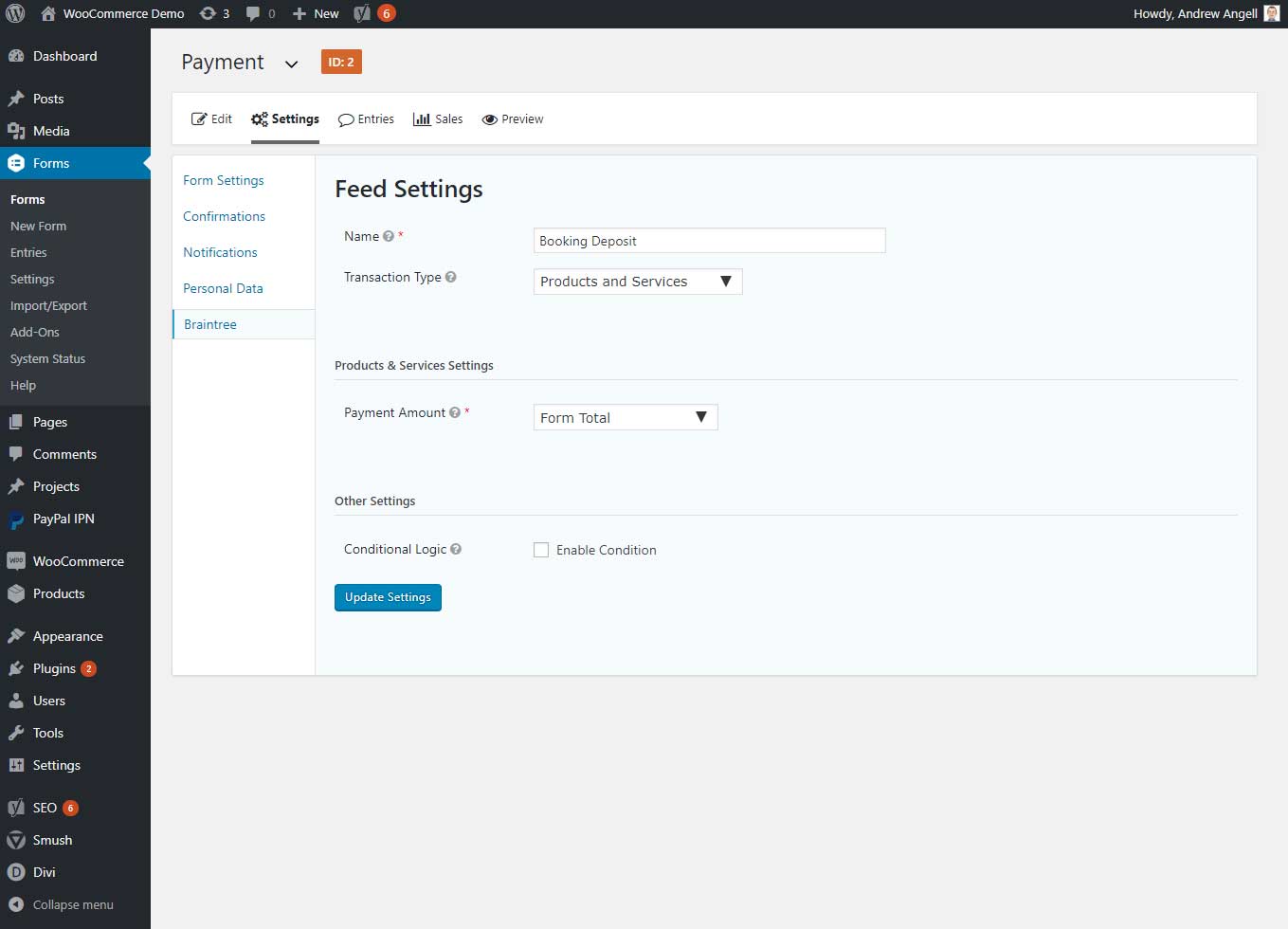 Quickly and easily configure payment feeds under Form Settings of any Gravity Form.