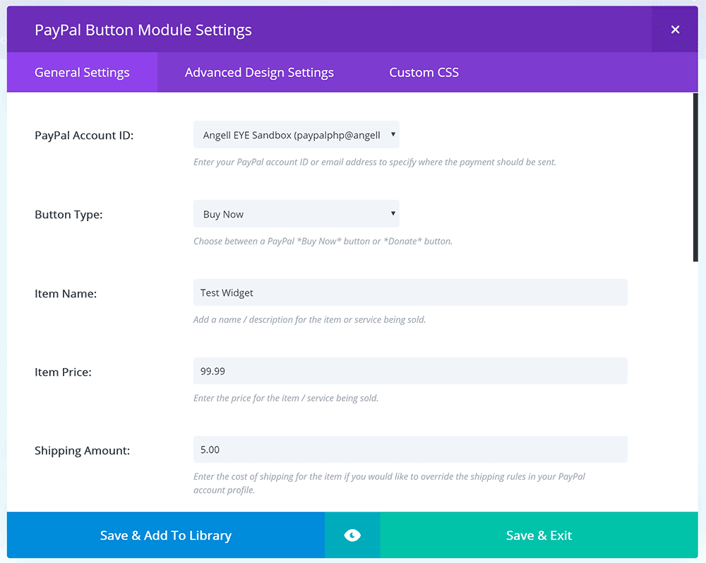 PayPal for Divi module settings screen.