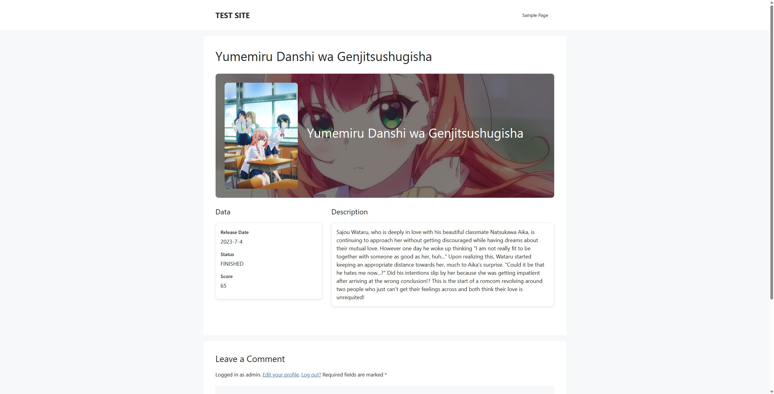 Frontend view of the rendered anime card.