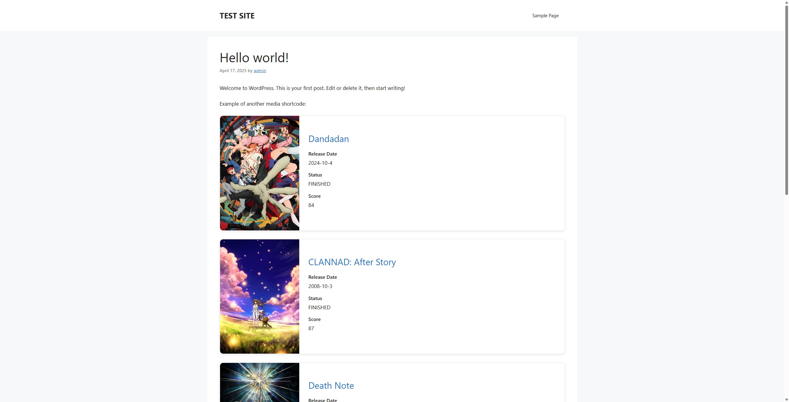 Frontend view of the rendered anime card on a common post using shortcode.