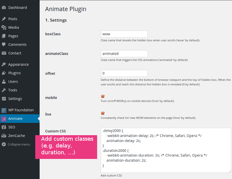 **Plugin Settings** - Animate menu settings