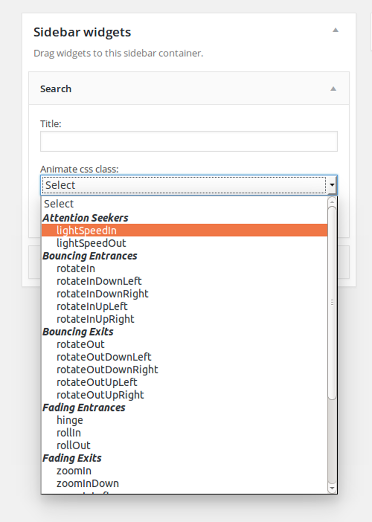 **Widgets** - You can choose Animate class from dropdown list on widgets