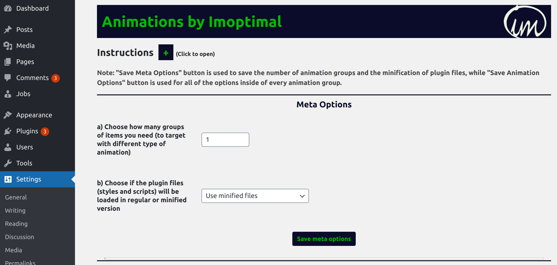 Meta options section in the settings page