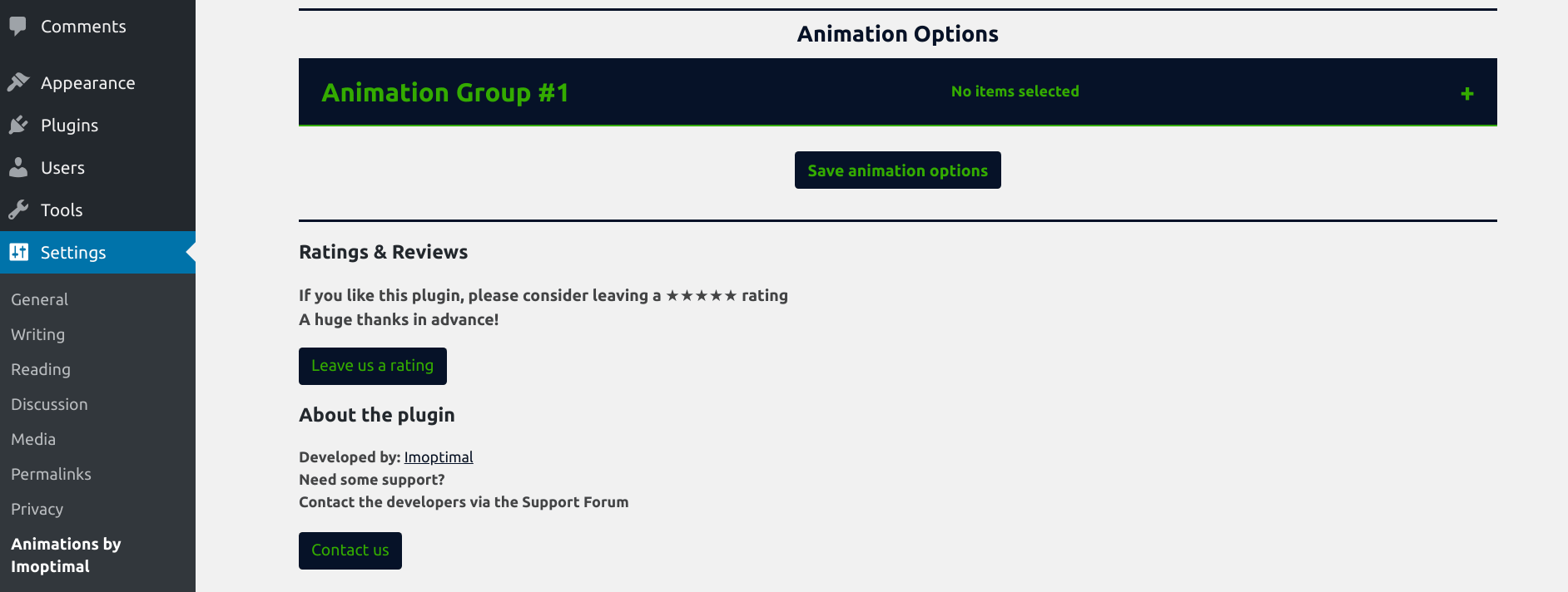 Animation options section in settings page