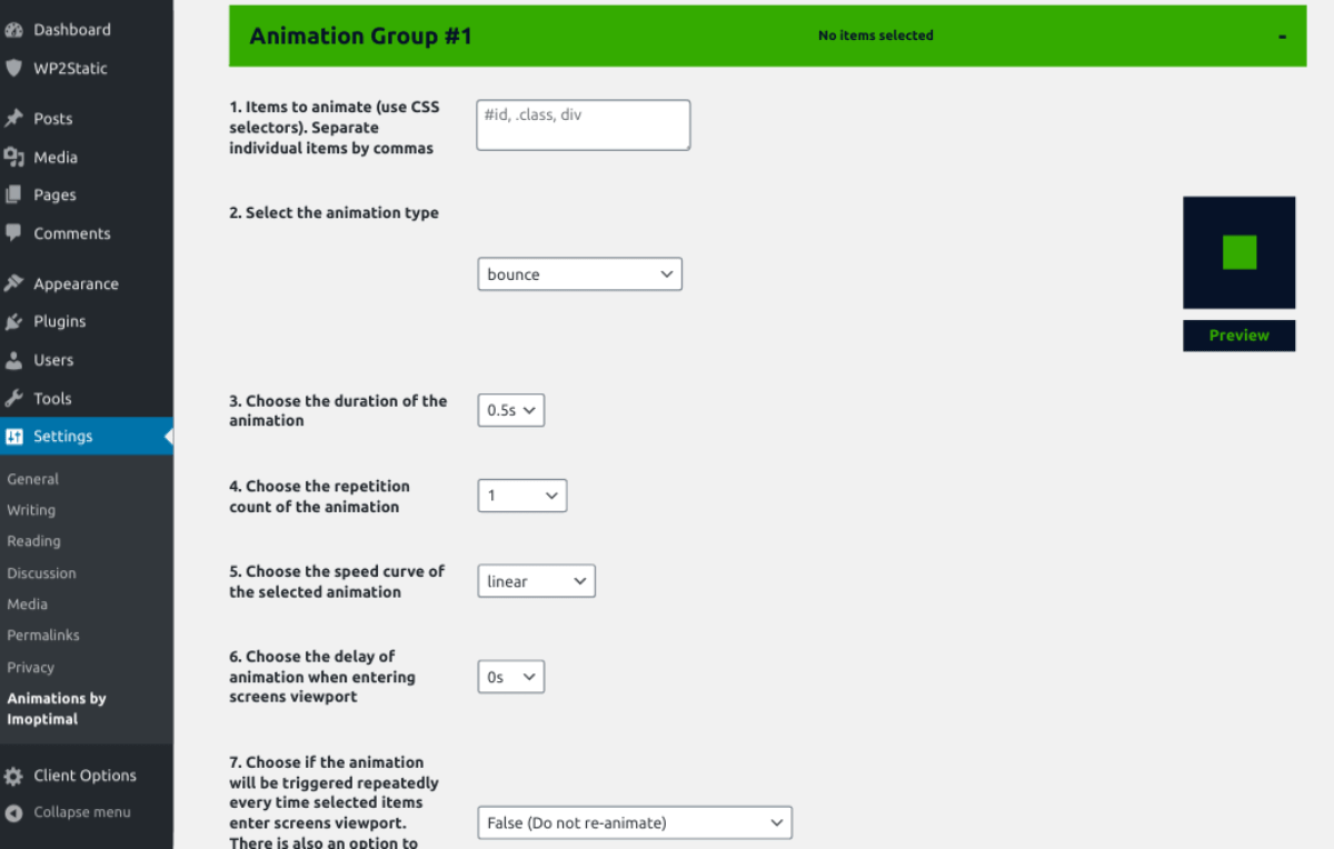 Collapsible Animation group options section in the settings page