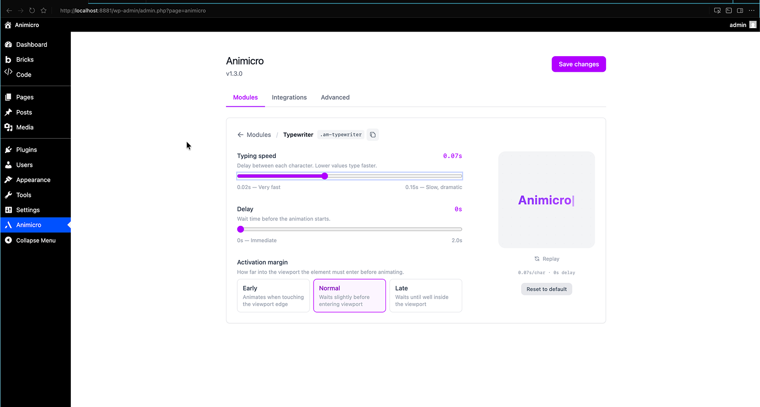 Per-module configuration with live preview