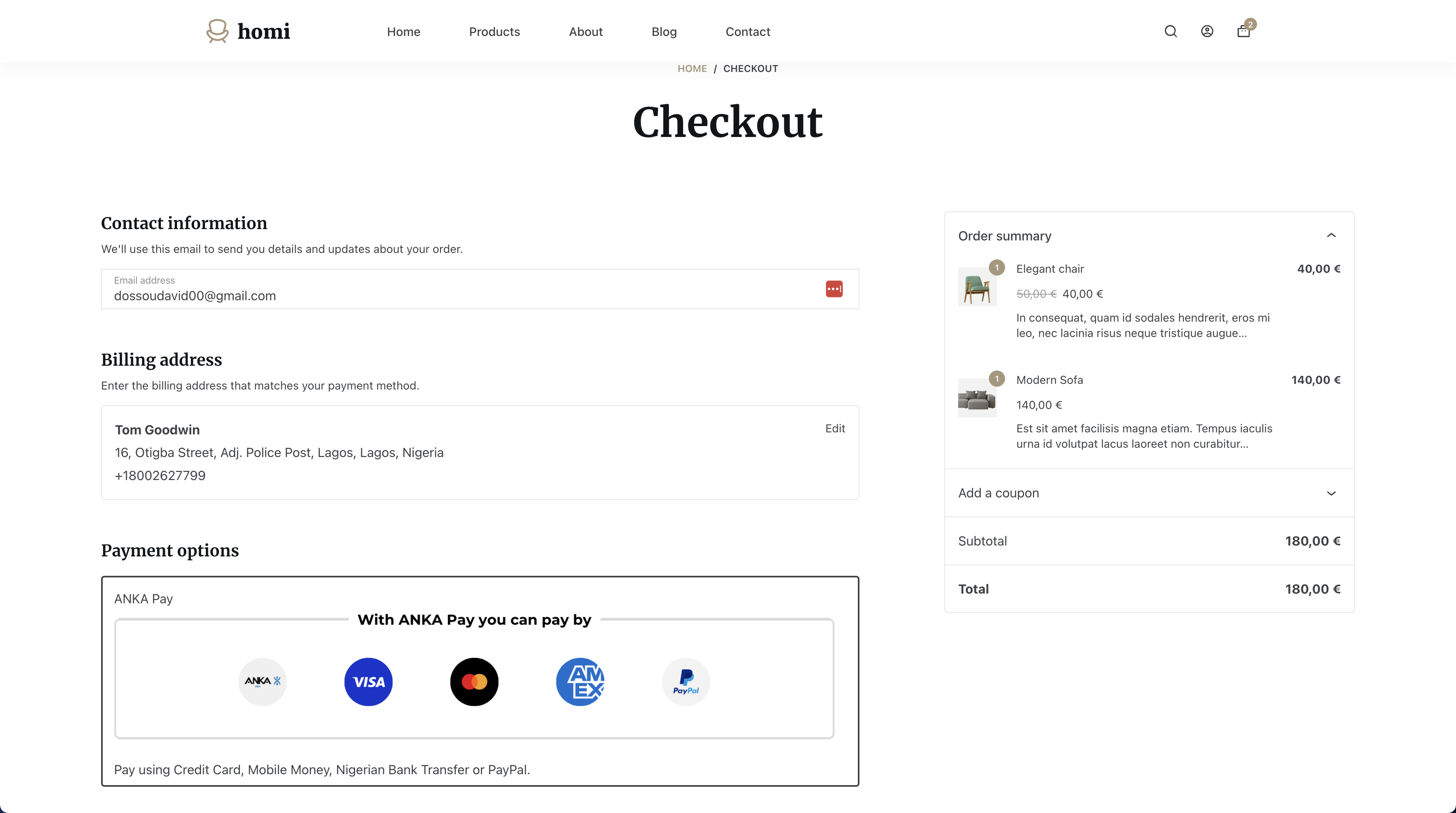 Checkout Page with WooCommerce Blocks: ANKA Pay as a payment option during checkout, integrated seamlessly with WooCommerce Blocks for modern page layouts.