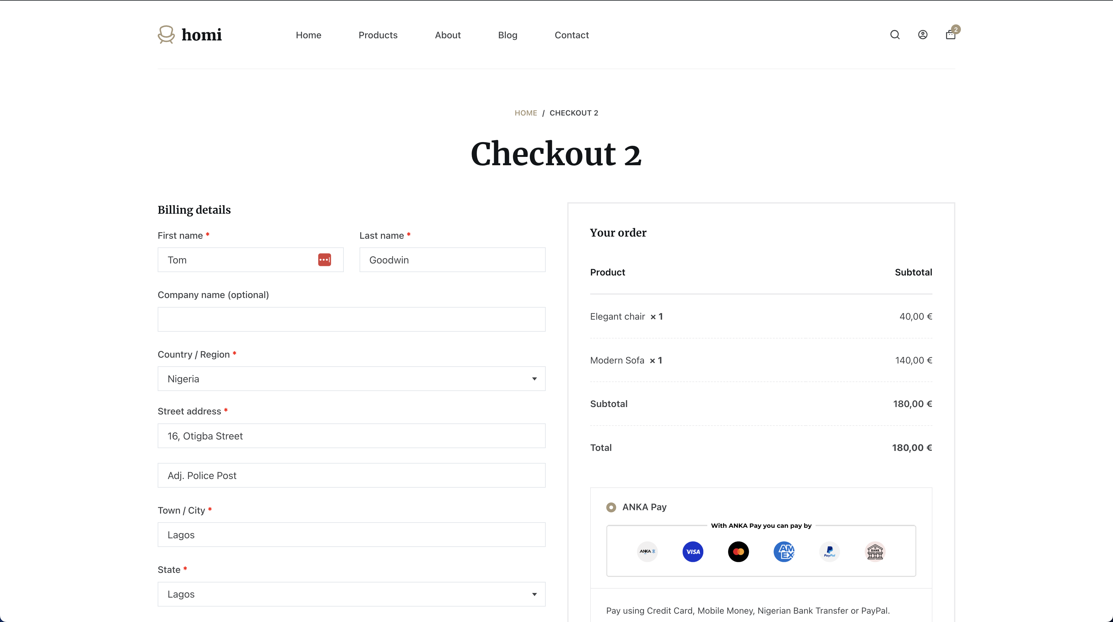 Checkout Page without WooCommerce Blocks: ANKA Pay displayed as a payment option on the traditional WooCommerce checkout page.