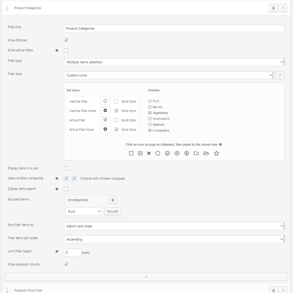 Product Categories filter settings