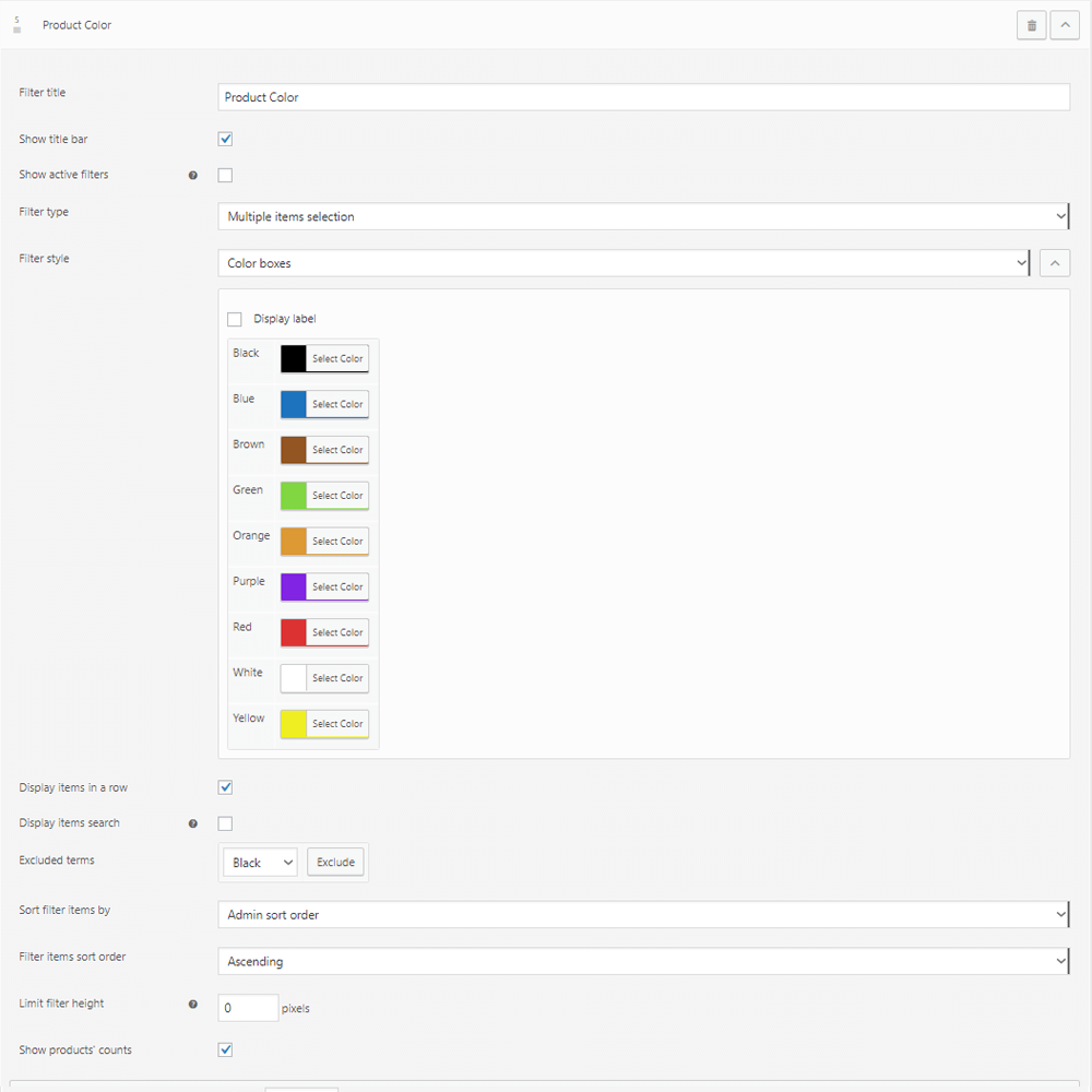 Color boxes setup in a Color product attribute filter