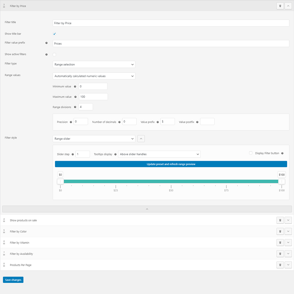 Product Prices filter settings with range slider style