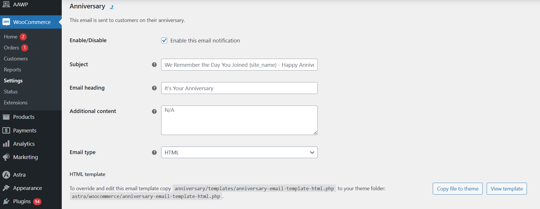 Anniversary Email Customization Settings
