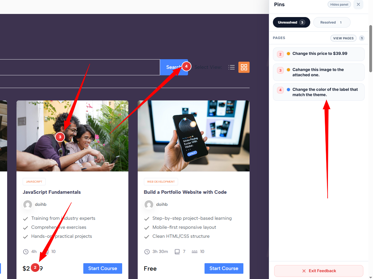 The pages overview panel showing feedback counts across the site.