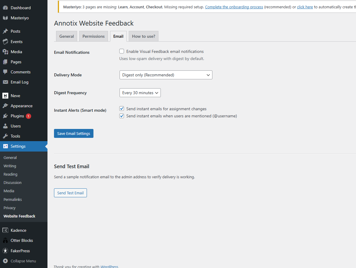 The Email settings tab with digest frequency options.