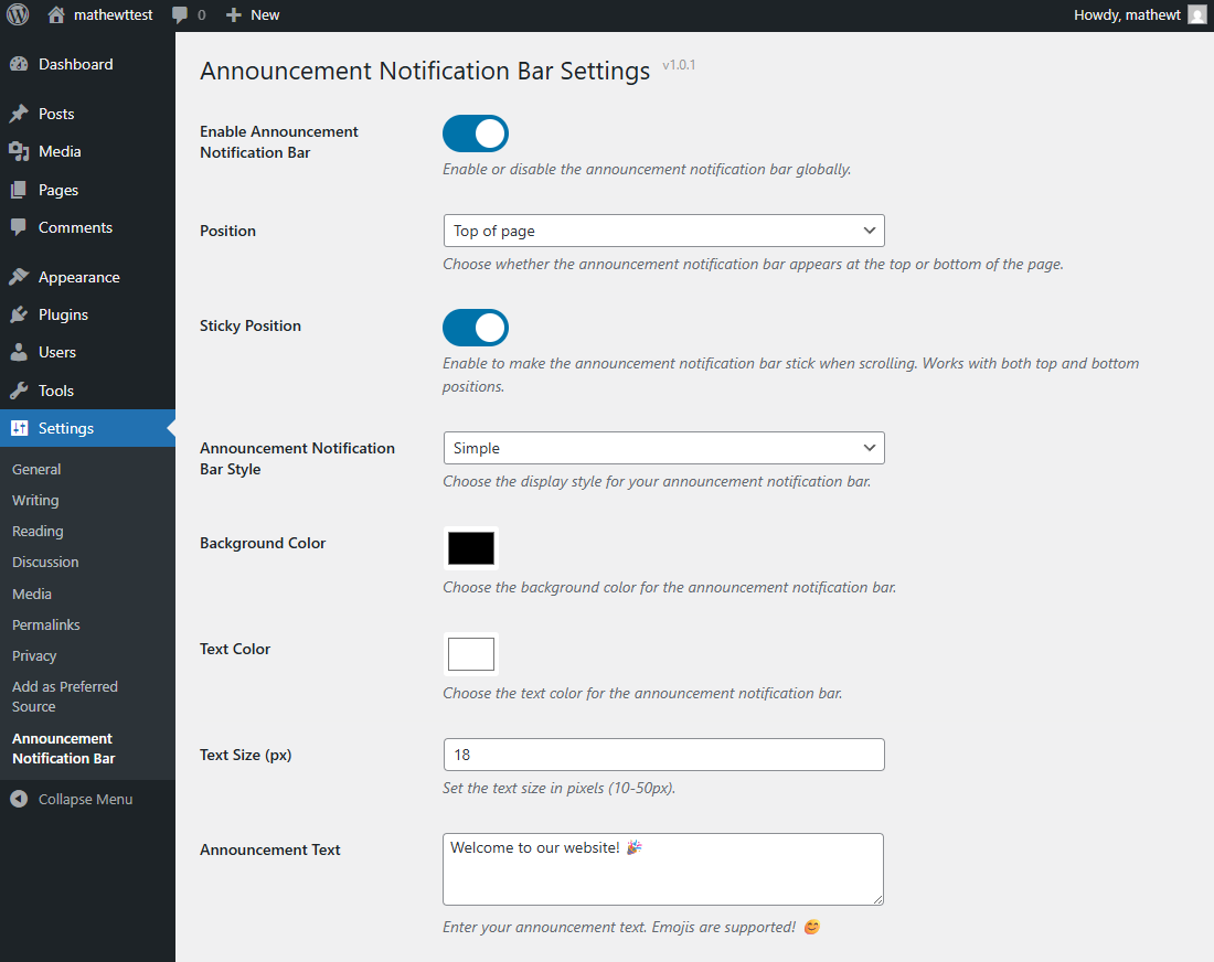 Plugin settings page with all customization options