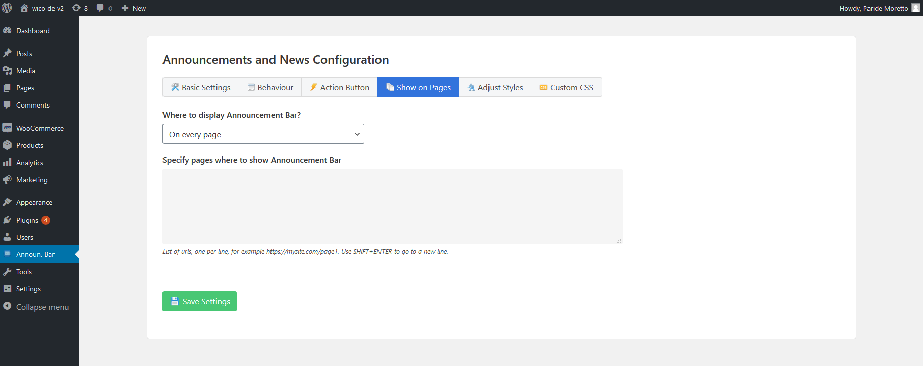 decide on what pages the bar should be visible