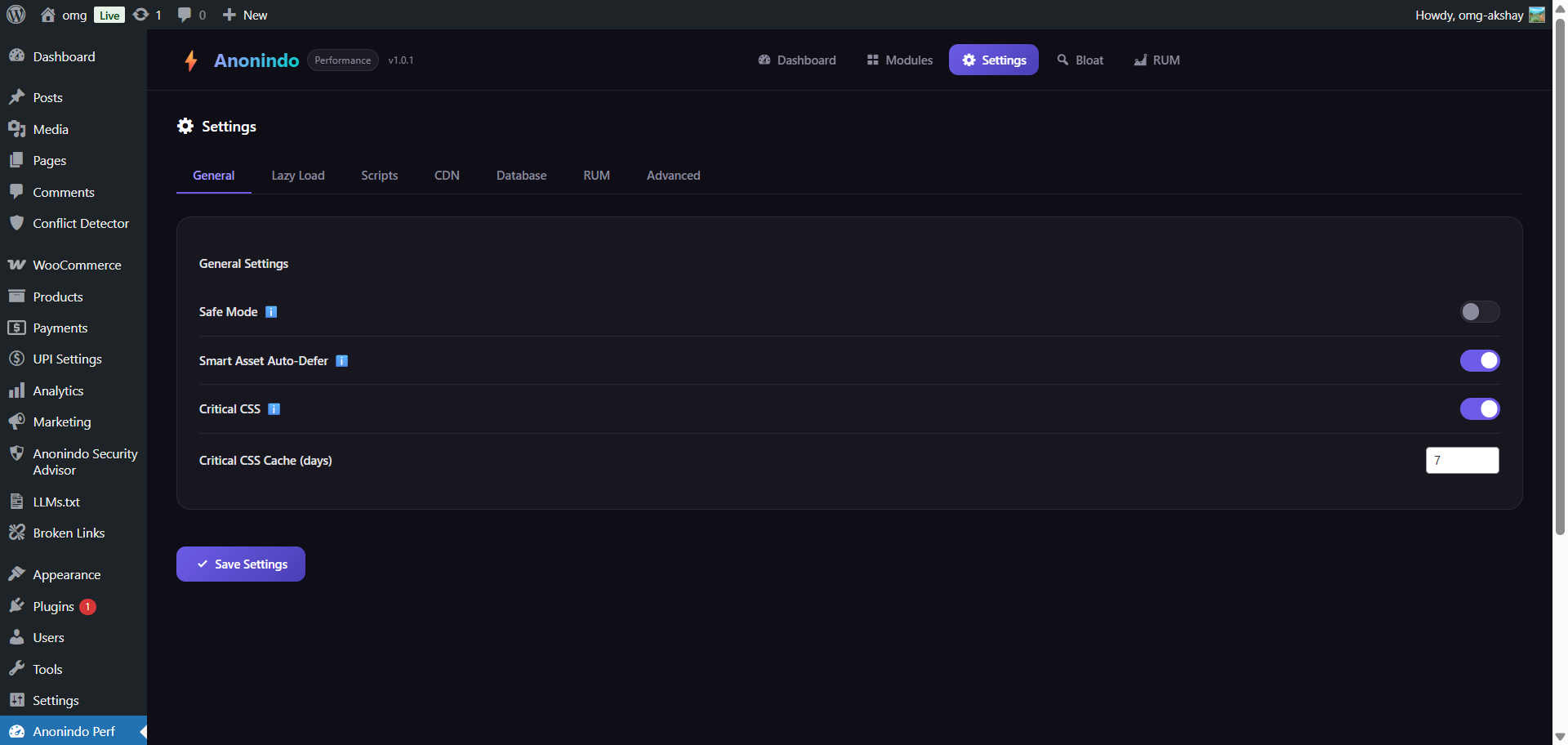 Settings with tabbed interface