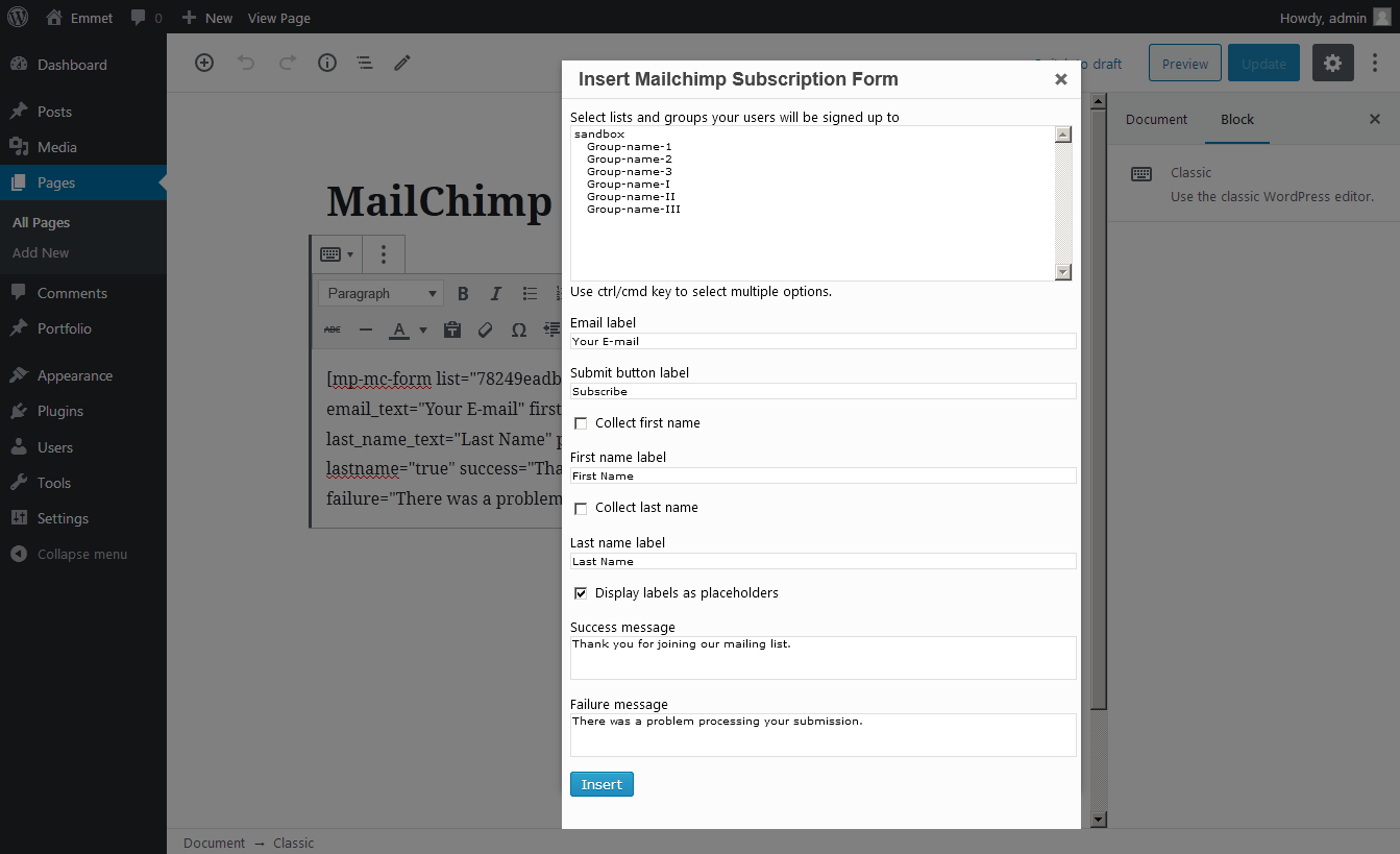 Shortcode settings.