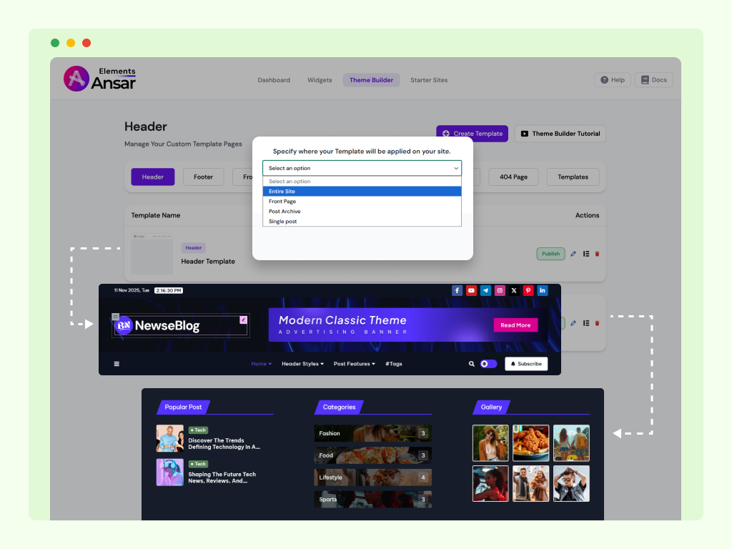Header & Footer Builder interface