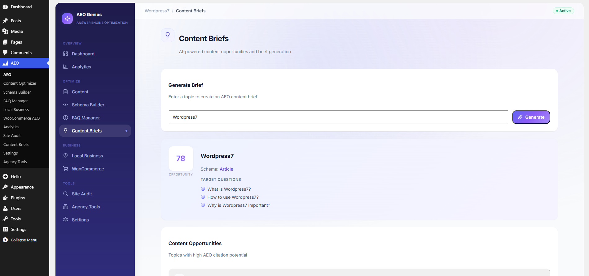 Site Audit — full-site scan with Critical, Warning, and Opportunity issues plus auto-fix
