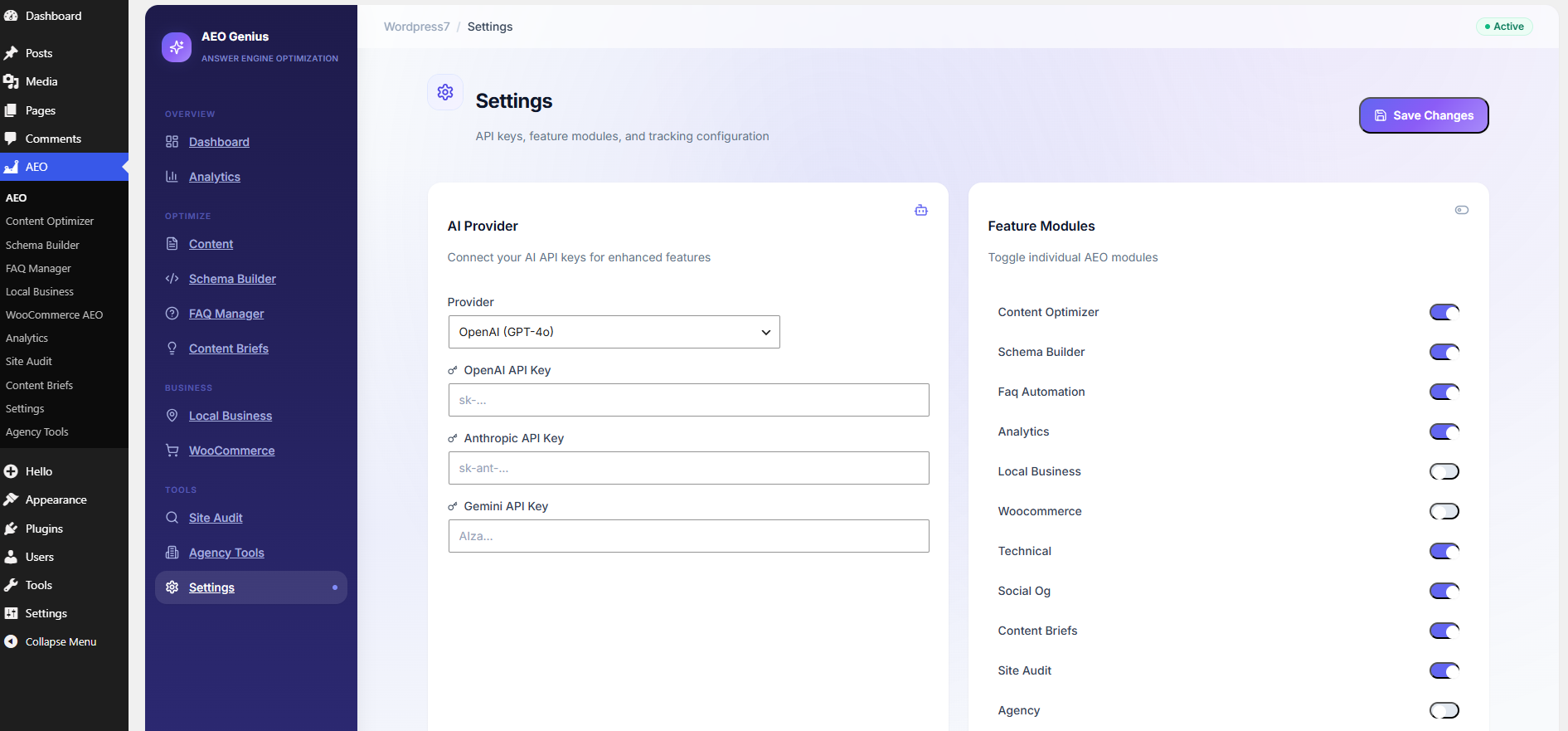 Settings — module toggles, API keys, tracked keywords, and competitor domains