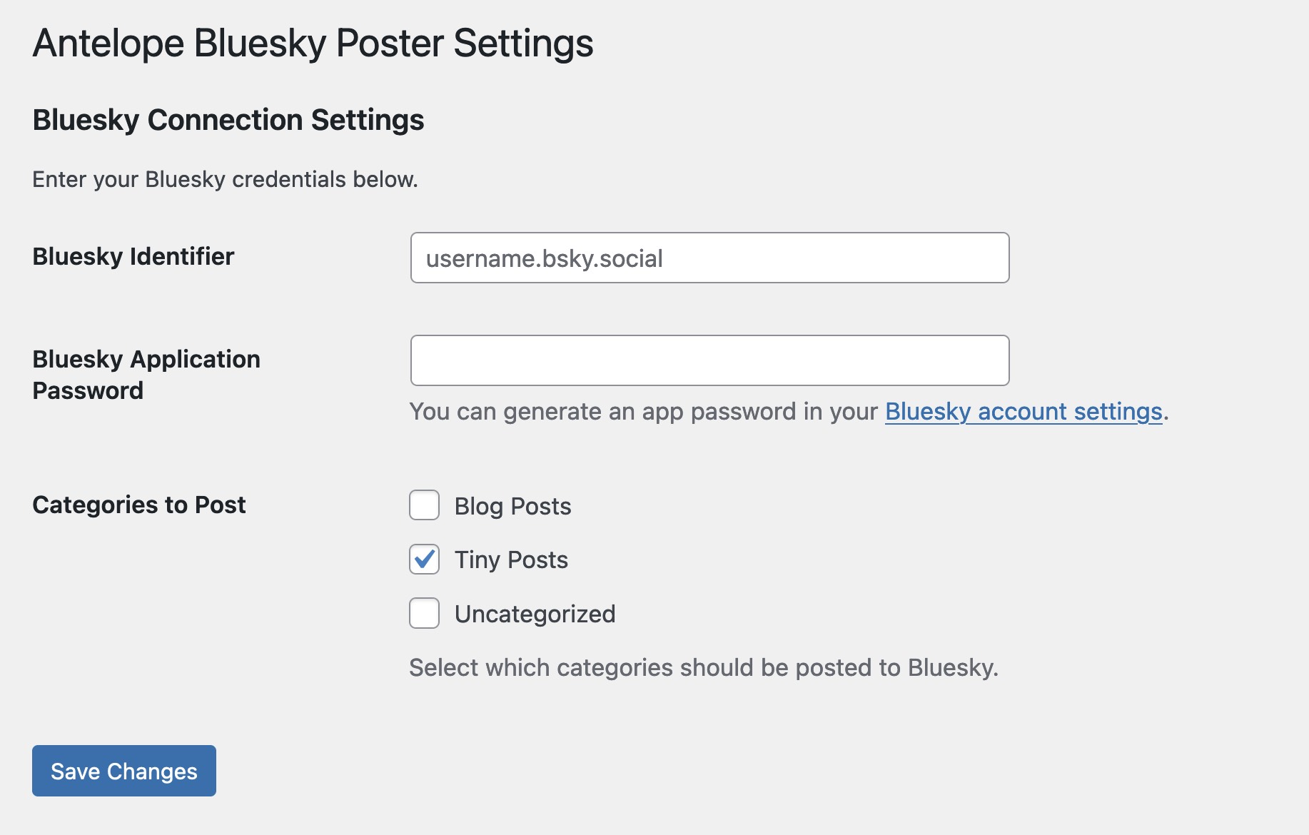 The Bluesky settings page