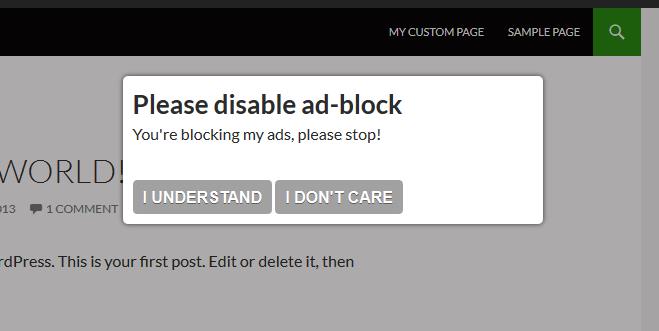 Example of how the message looks when showed to a visitor of your website.