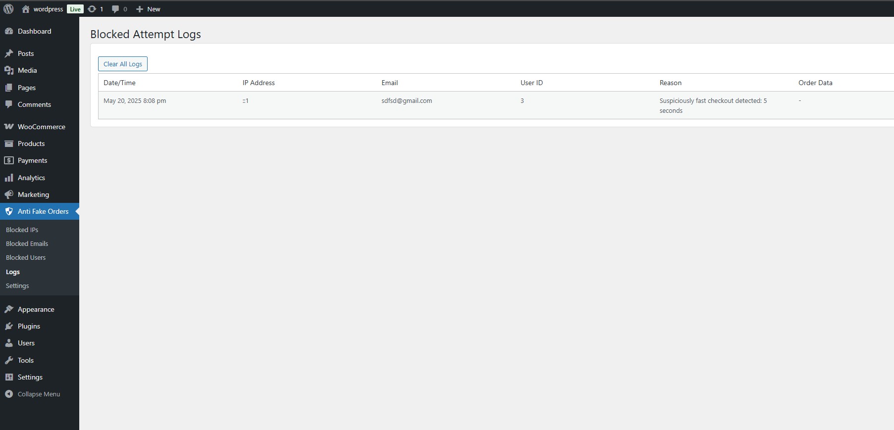 IP blocking management interface showing blocked addresses