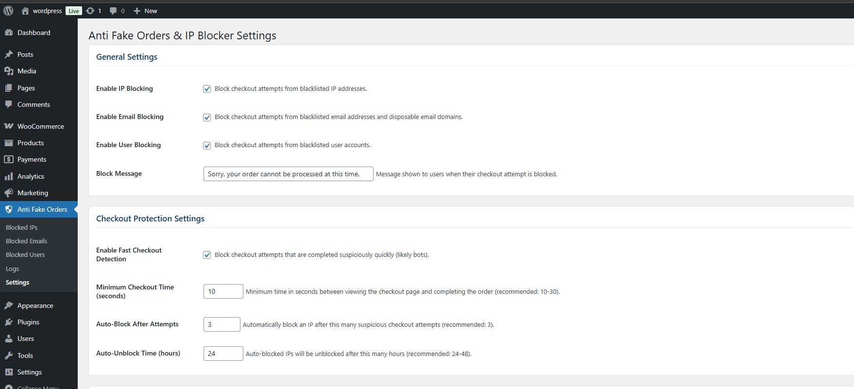 Email domain blocking configuration panel